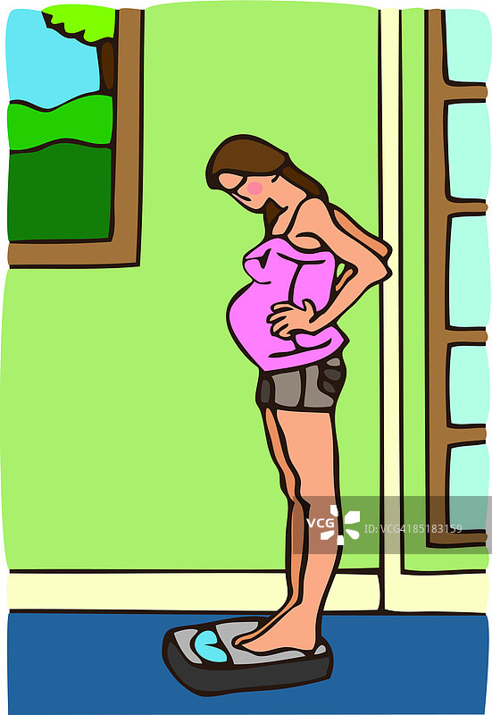 一个孕妇在磅秤上检查体重的侧视图图片素材