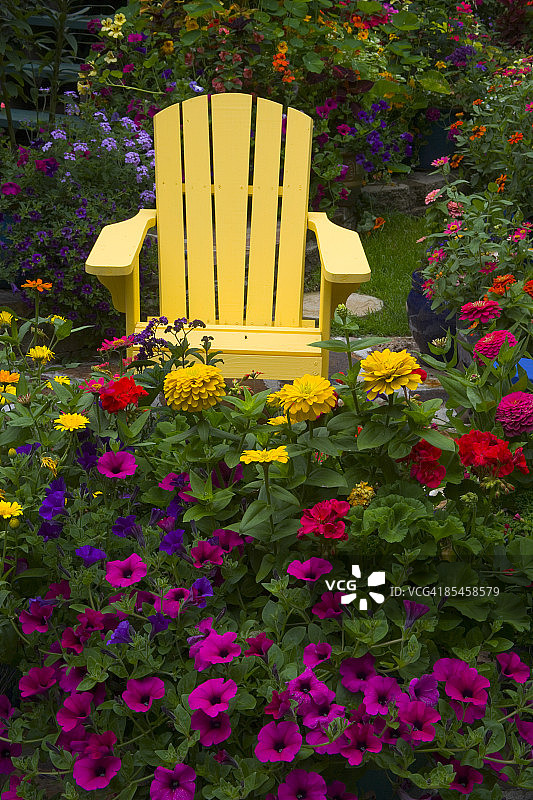 黄色的椅子被五颜六色的花包围着图片素材