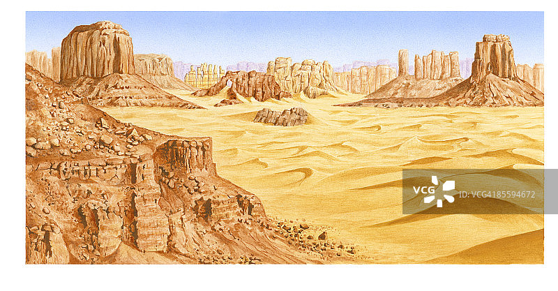 250年前在赤道上的纽约的插图，显示了干旱的沙漠山谷与山丘和岩层图片素材