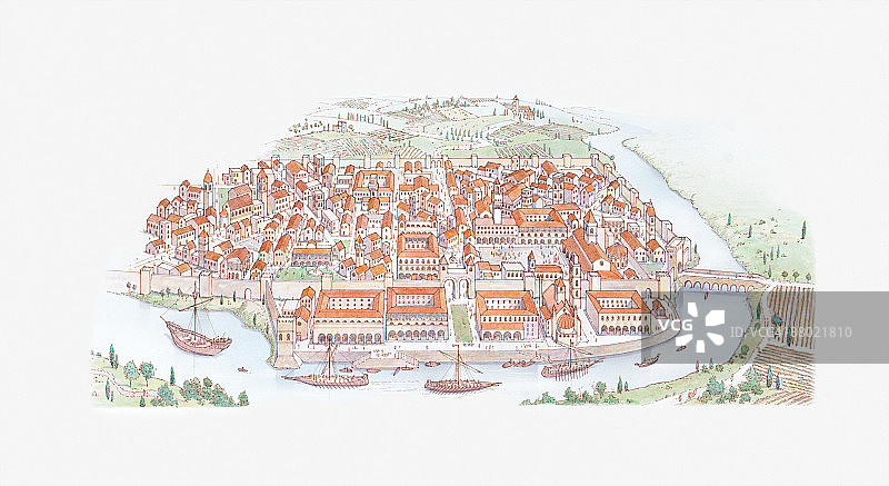 意大利文艺复兴时期被河流包围的城邦图片素材