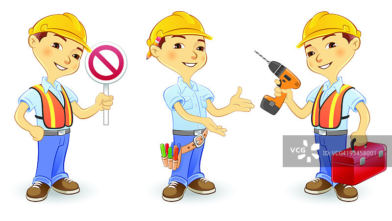 建筑工人戴安全帽，带工具，穿安全背心图片素材