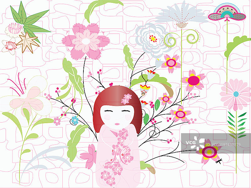 一幅日式娃娃的插图，以一组不同的花为背景图片素材