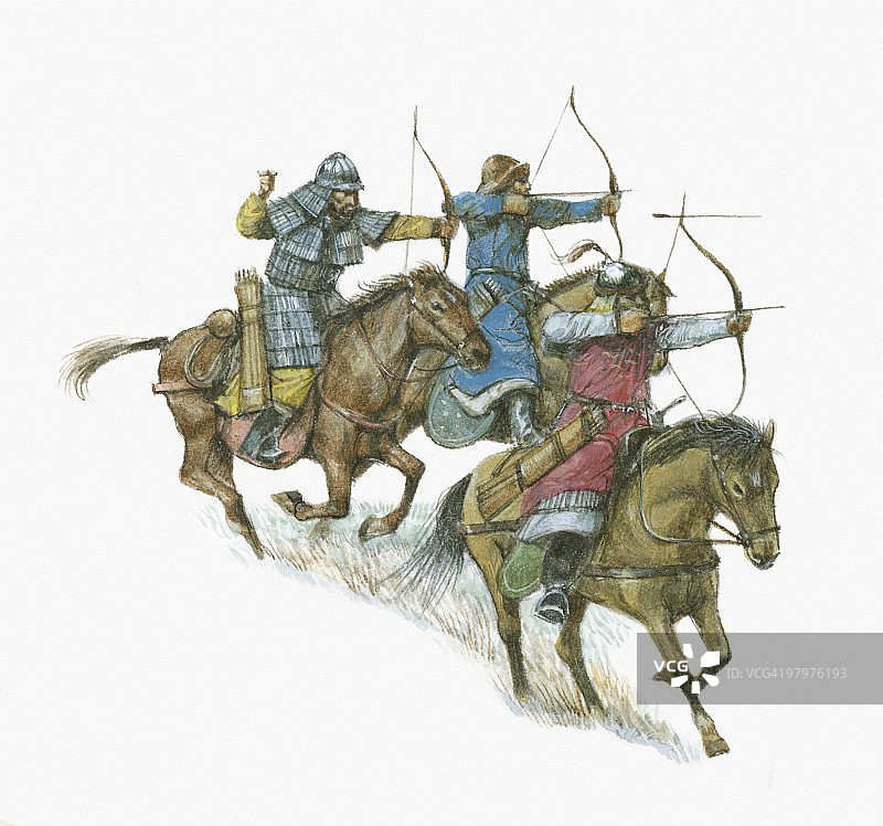 蒙古士兵在马背上射箭的插图图片素材