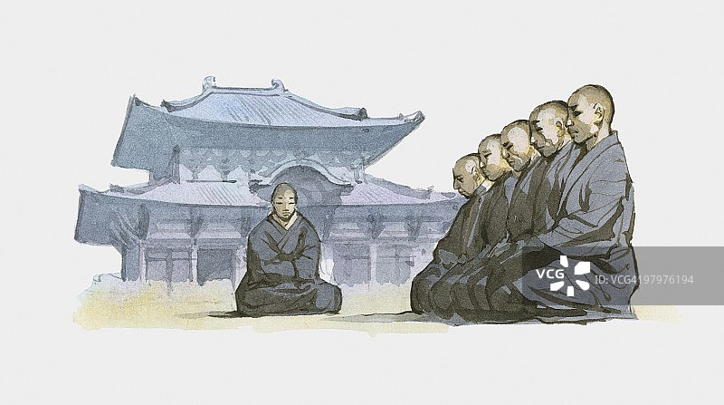 禅宗和尚跪在寺院外的院子里图片素材