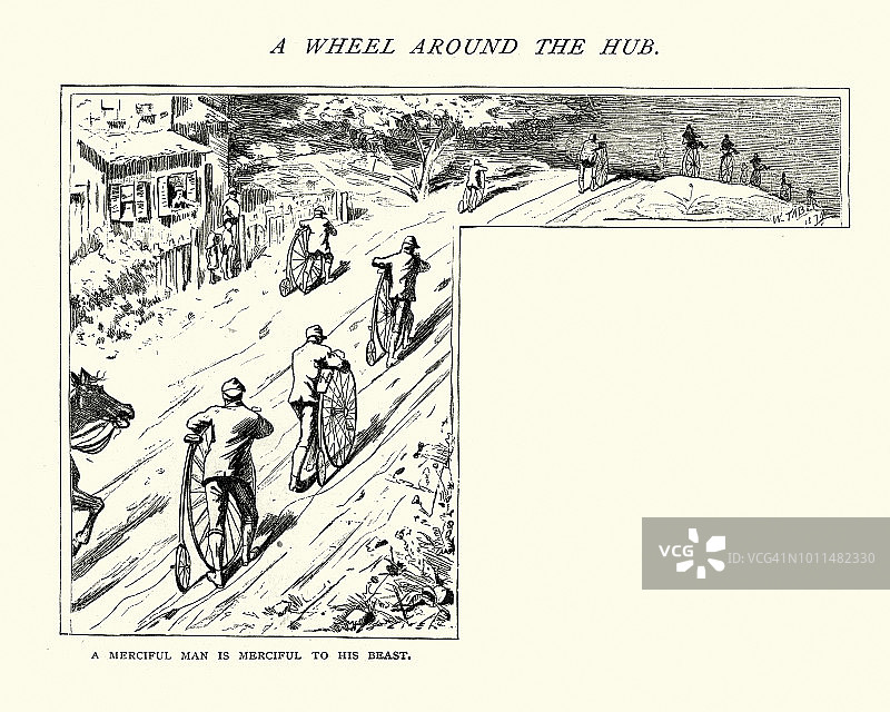 十九世纪，维多利亚时代骑自行车的人推着后轮小自行车上山图片素材