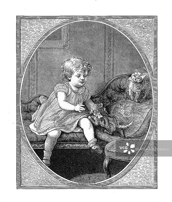 小女孩和她的小猫在沙发上玩，美国维多利亚版画，1882年图片素材