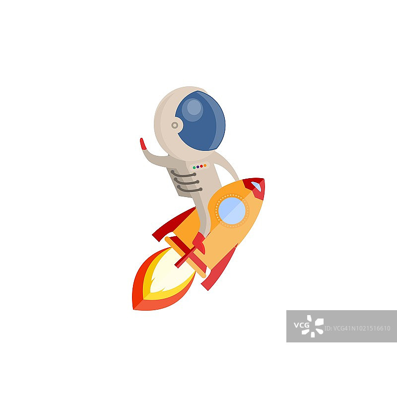 宇航员骑着火箭冒着浓烟进入太空。平面设计。矢量插图。图片素材