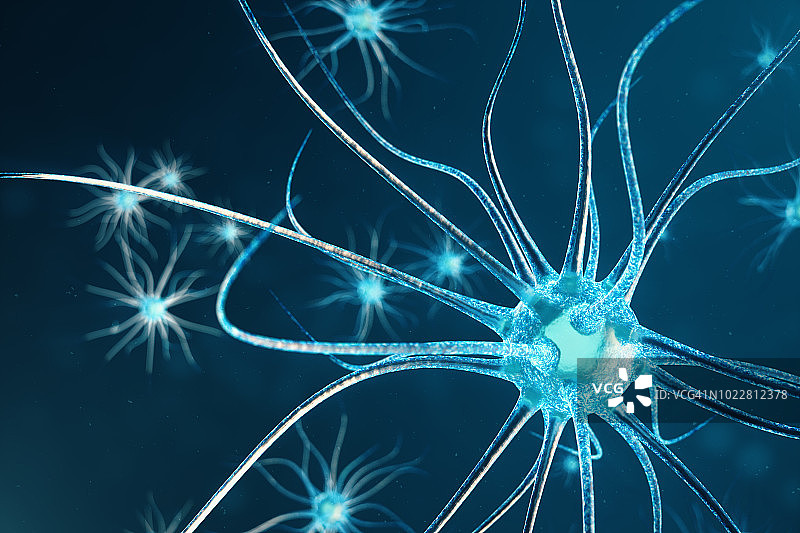 带有发光连接节的神经元细胞的概念性图解。大脑中的神经元对焦点产生影响。突触和神经元细胞发送化学电信号。三维演示图片素材