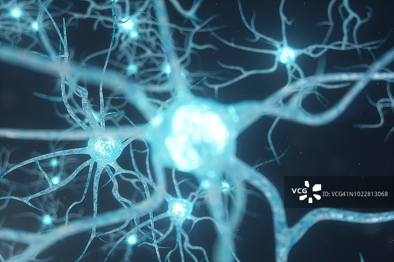 带有发光连接节的神经元细胞的概念性图解。突触和神经元细胞发送化学电信号。神经元的互联神经元与电脉冲，3D插图图片素材