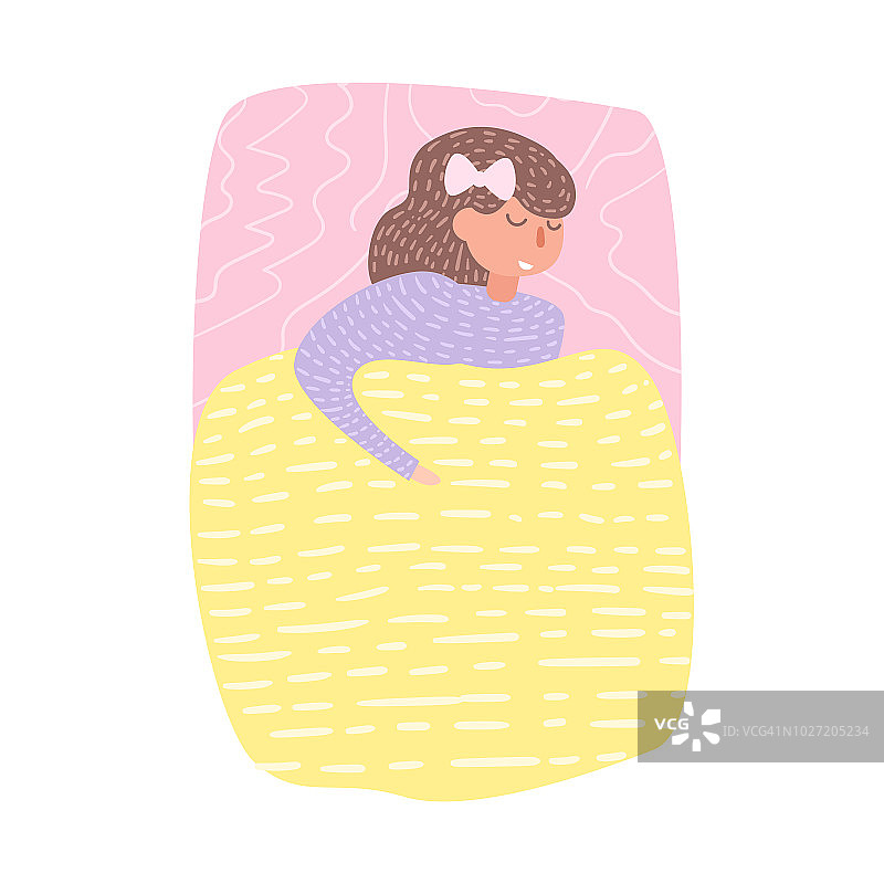 睡在矢量床上的女人。卡通。白色背景上的孤立艺术图片素材