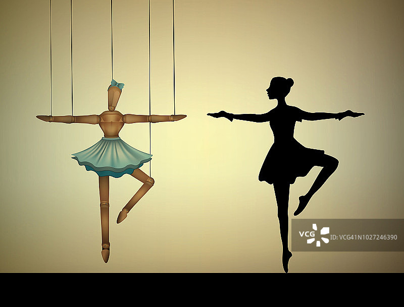舞者概念，与真人比较的芭蕾舞木偶，图片素材