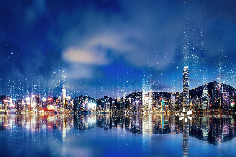 夜景香港城市天际线溶解成轻粒子图片素材