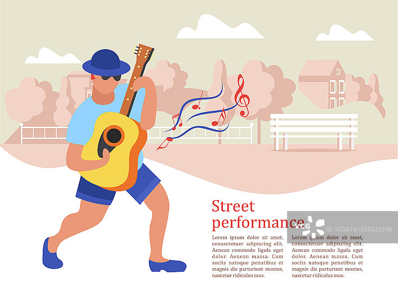 街头音乐家，吉他手。矢量插图。图片素材