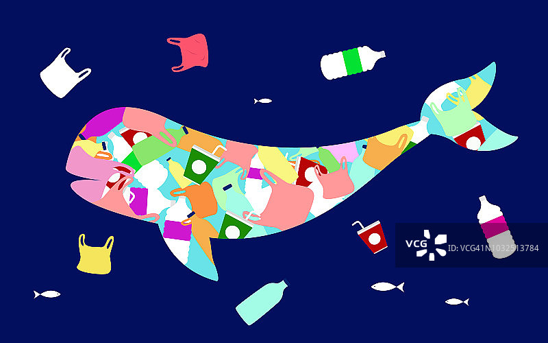 停止海洋塑料污染矢量插图。塑料里面有海豚的剪影形状。图片素材