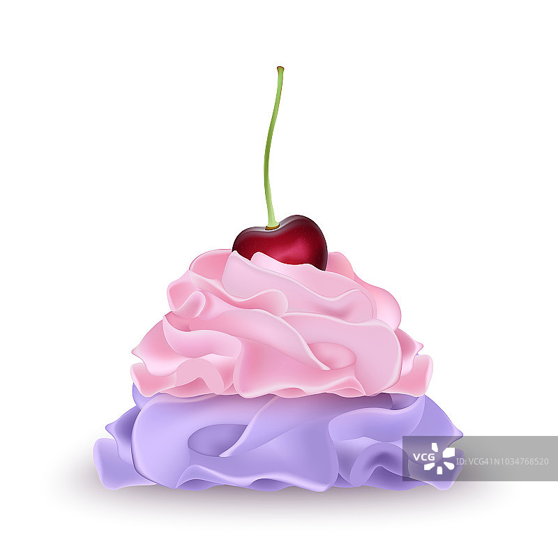粉色，紫色的鲜奶油，涂上樱桃，用于冰淇淋，酸奶，纸杯蛋糕，蛋糕。详细的3d插图孤立在白色上。网页或印刷包装的设计元素。图片素材