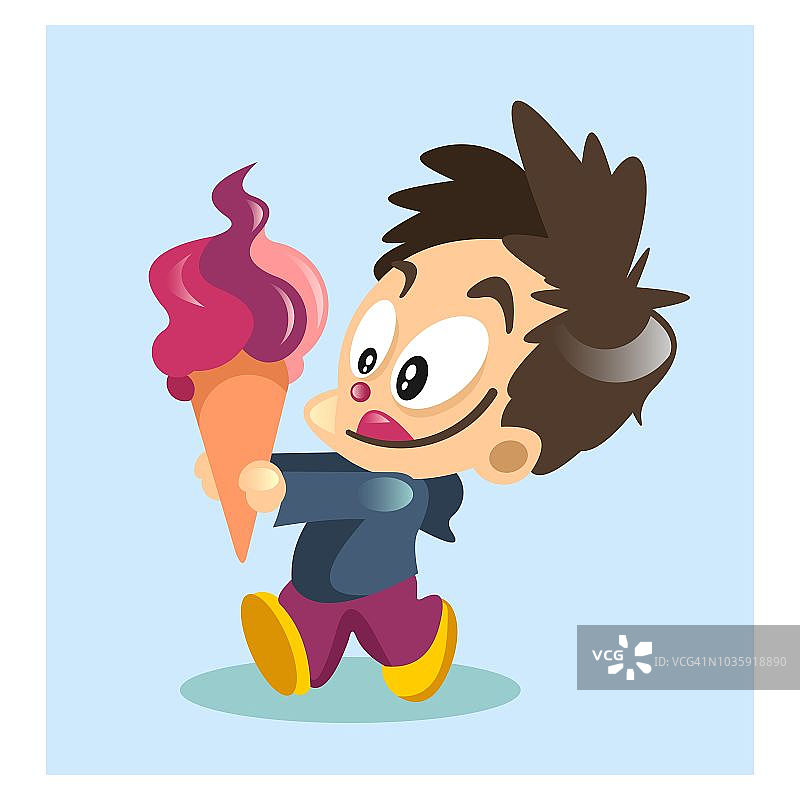 可爱的小男孩看起来兴高采烈，吃着冰淇淋，卡通人物图片素材