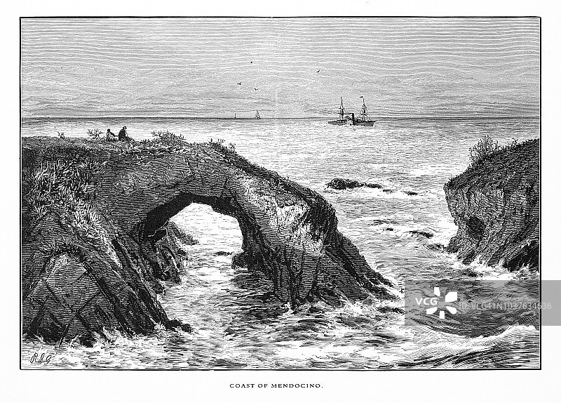 美国加利福尼亚海岸的门多西诺，美国维多利亚版画，1872年图片素材