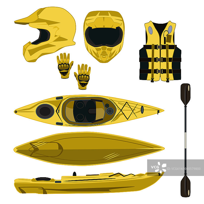 皮划艇设备和保护齿轮矢量图标集图片素材