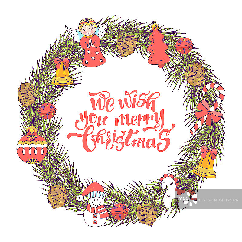 圣诞快乐。向量贺卡。用圣诞玩具装饰的圣诞树花环。图片素材