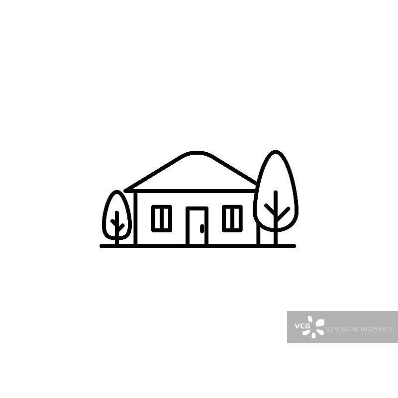 房子在村庄图标。移动概念和web应用的景观图标元素。细线屋在村庄图标可以用于网络和移动图片素材
