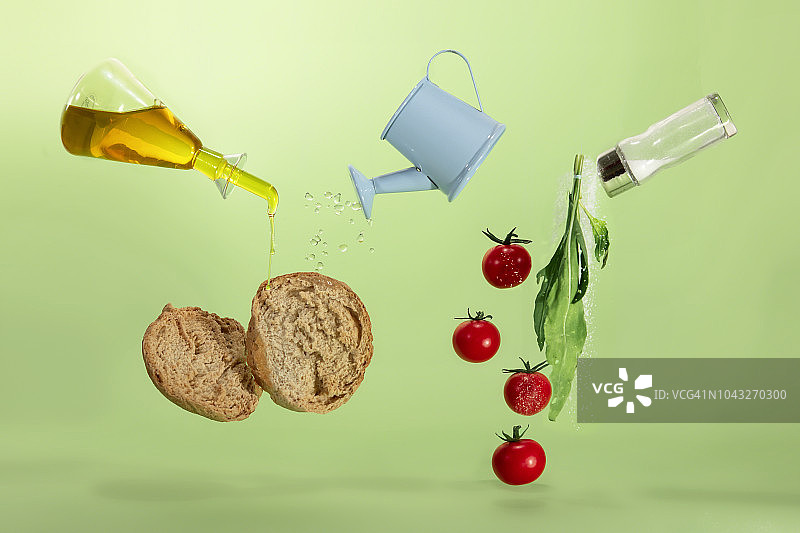 芝麻菜，西红柿和橄榄油面包图片素材