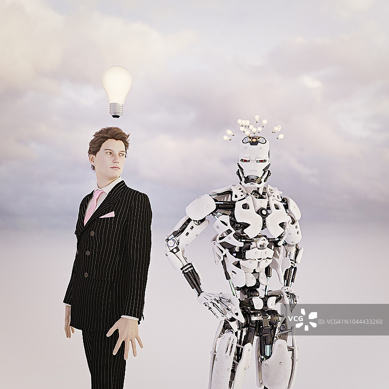 人类vs人工智能:机器人有多个想法和任务，人类有一个宏大的总体想法图片素材