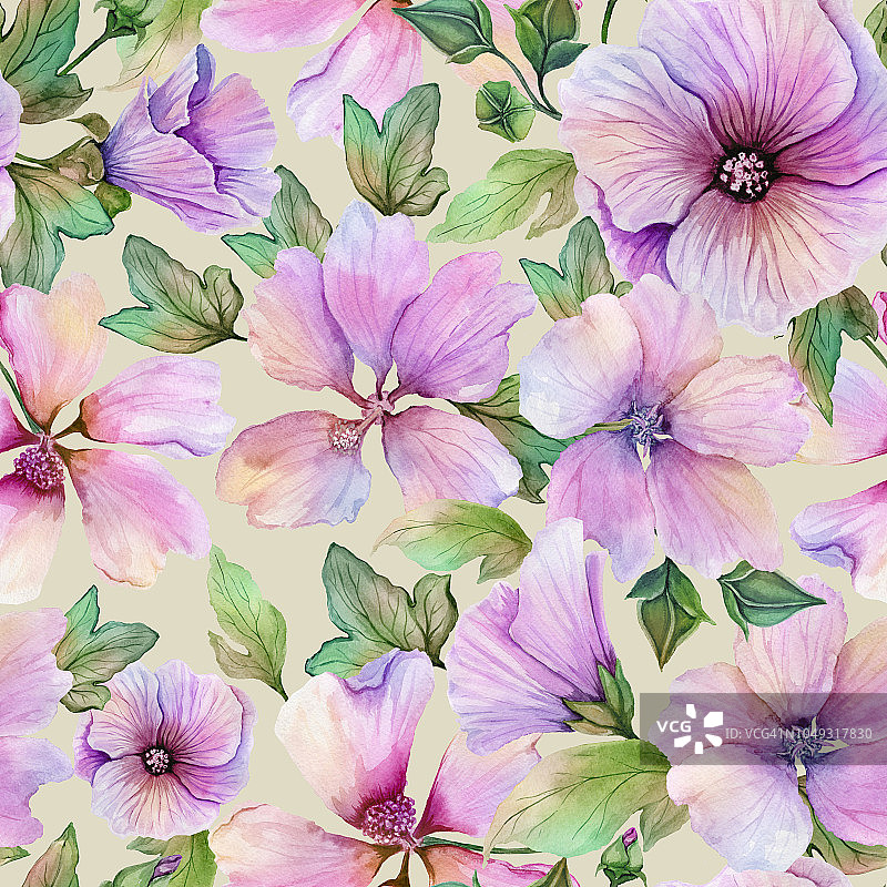 美丽的紫丁香花与绿色的叶子在浅米色的背景。无缝的花卉图案。水彩画。手绘插图。图片素材