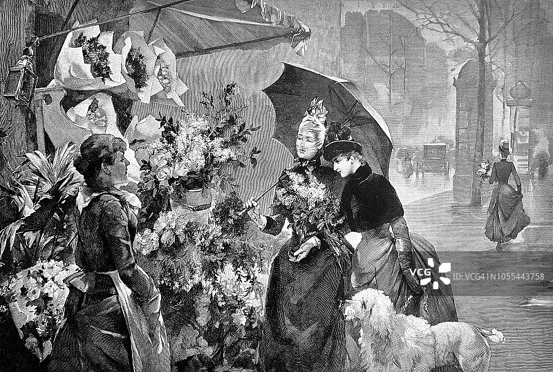 1888年，两名年轻女子在街头市场向花商询问鲜花图片素材