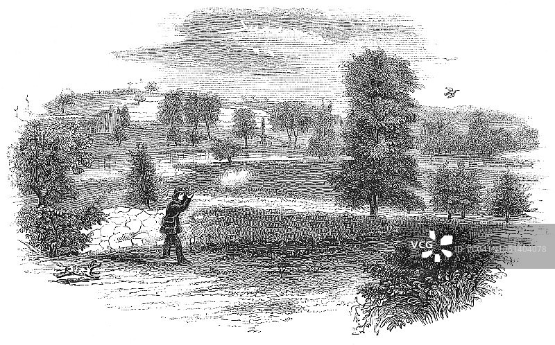 在美国麻萨诸塞州康科德战役遗址上打猎的人(19世纪)图片素材