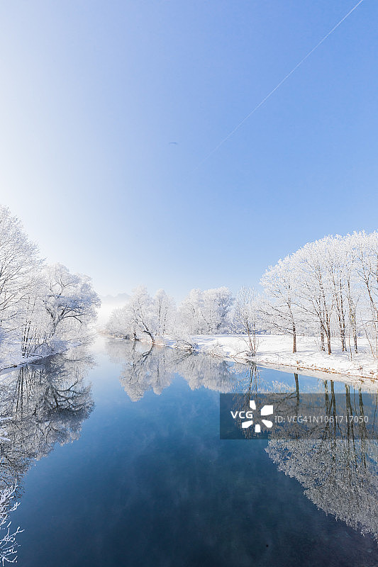 结霜的树木倒映在蓝色的河流或湖泊中图片素材