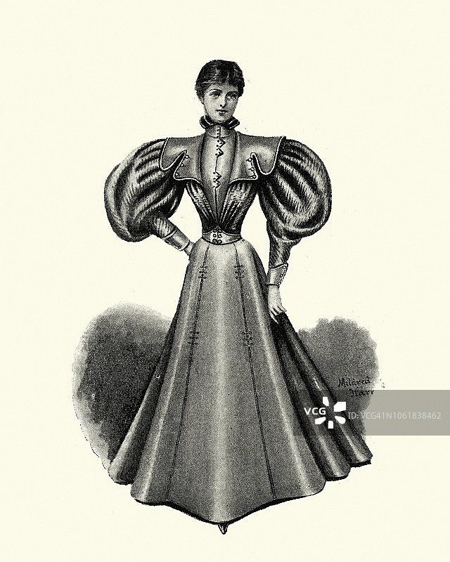 妇女时尚，维多利亚晚期，穿着蓬松的袖子图片素材