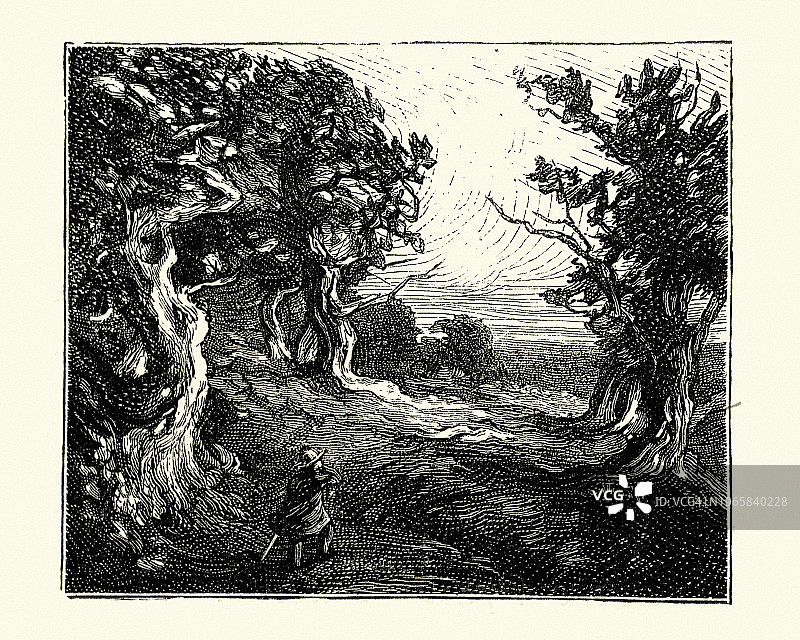 孤独的旅行者，维多利亚木刻，19世纪图片素材