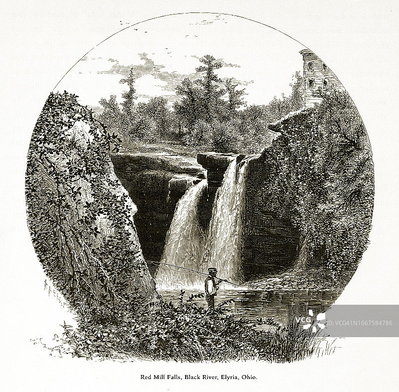 美国俄亥俄州伊利里亚附近黑河的红磨坊瀑布，美国维多利亚版画，1872年图片素材