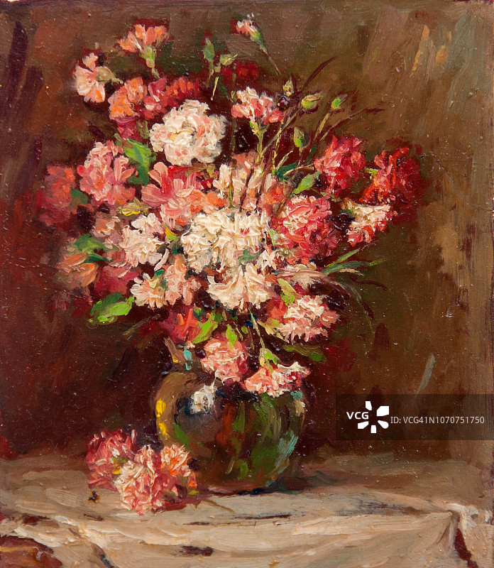 花瓶中彩色花朵的静物油画图片素材