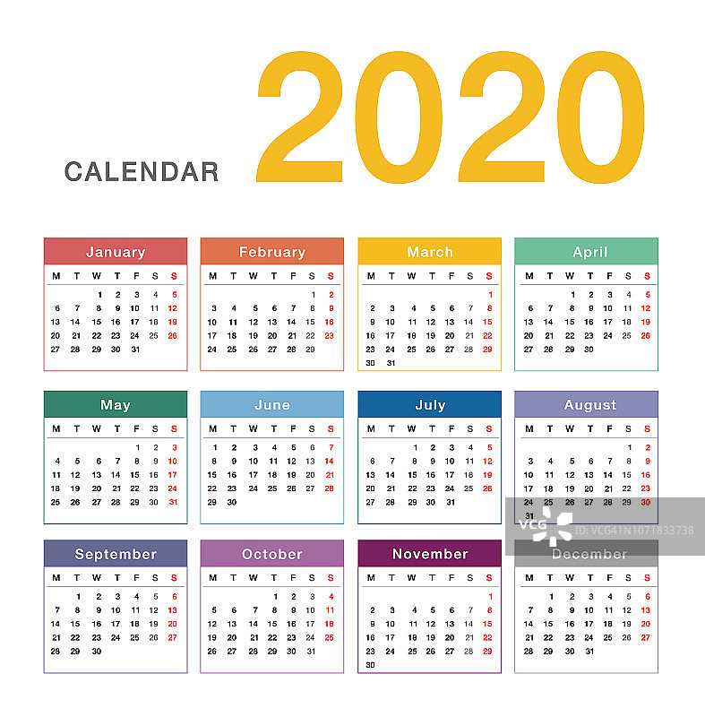 彩色日历2020年矢量设计模板，简洁干净的设计。图片素材