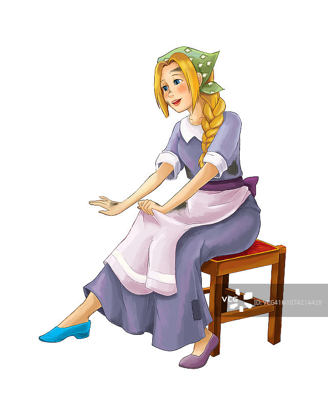 卡通场景，美丽的女孩坐在椅子上试鞋在白色的背景图片素材