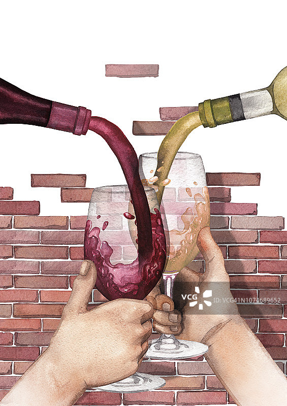 水彩红白葡萄酒从瓶子倒进手里拿着的玻璃杯里。图片素材