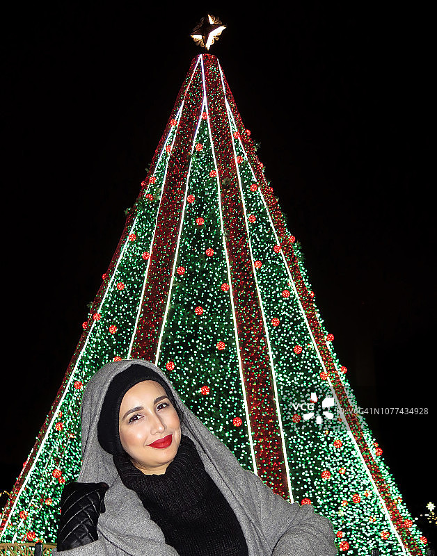 一个美丽的女人在晚上的国家圣诞树上的肖像，华盛顿特区，美国图片素材