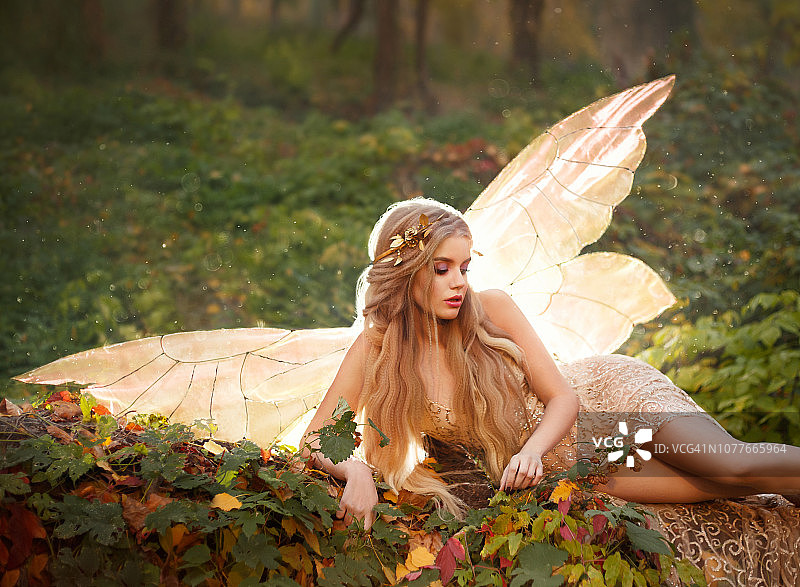 一个苗条的树妖，一个有着金色长发和金色花环的仙女，躺在森林的树叶上，米黄色的长裙，裸露的双腿，背后有闪闪发光的翅膀，这是一个很棒的夏日照片图片素材