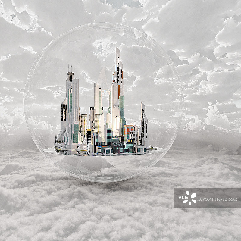 漂浮的城市在透明的球体内的云朵之上图片素材