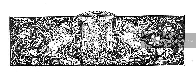 维多利亚时代的黑白装饰页标题雕刻着一个天使与希腊武士骑马在她的两侧;19世纪希腊神话;19世纪浪漫;1892年英语了图片素材