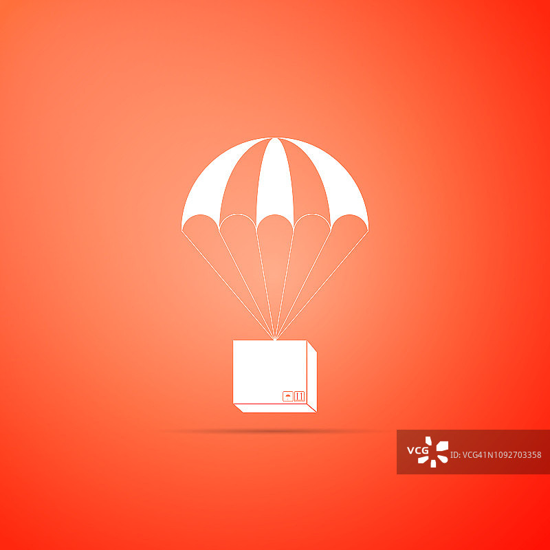盒子飞行降落伞图标隔离在橙色背景。降落伞包裹待运。送货服务，空运概念，奖金概念。平面设计。矢量图图片素材
