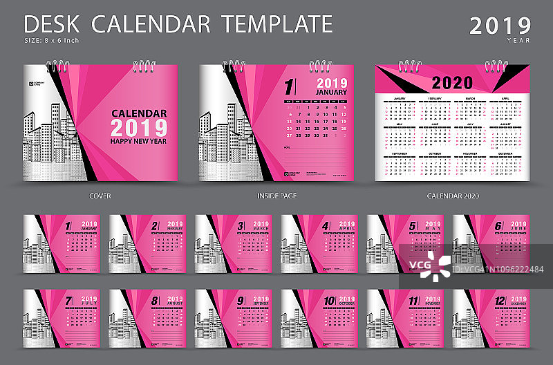 设置桌面日历2019模板，12个月，日历2019年，2020艺术品，计划，周开始于周日，文具设计，广告，矢量布局，封面设计，商业小册子传单图片素材