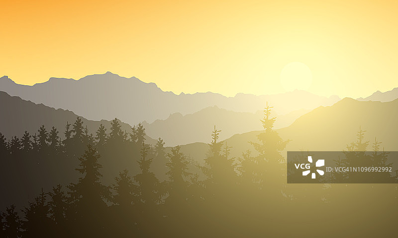 有森林的山区风景的现实插图。阳光明媚，阳光和光线下的早晨黄橙色的天空向量图片素材