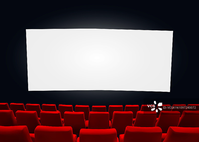 有红色座椅的电影院屏幕。电影首映式海报设计。向量的背景。图片素材