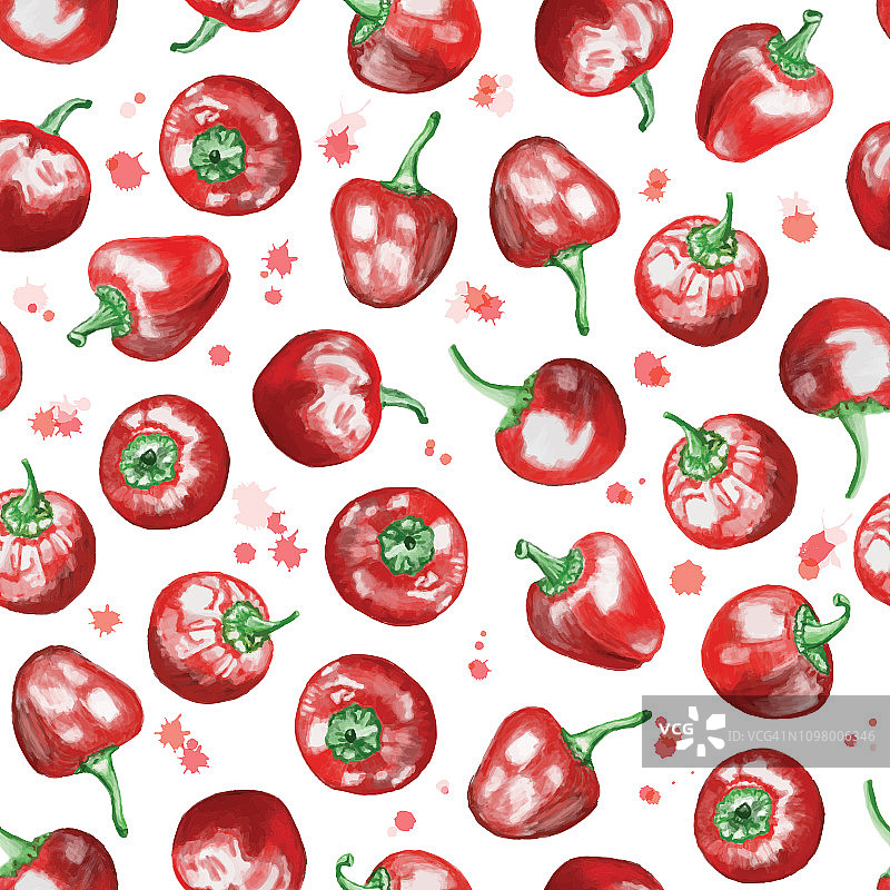 红辣椒无缝模式与水彩飞溅，水彩手绘插图孤立在白色背景。图片素材