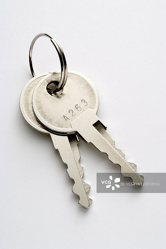 两个钥匙与钥匙环在白色背景上的孤立镜头图片素材