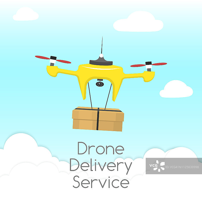 德龙配送服务矢量图。无人机在天空的背景下，用云给客户送包裹。快速便捷的交通理念。四轴飞行器飞行。图片素材