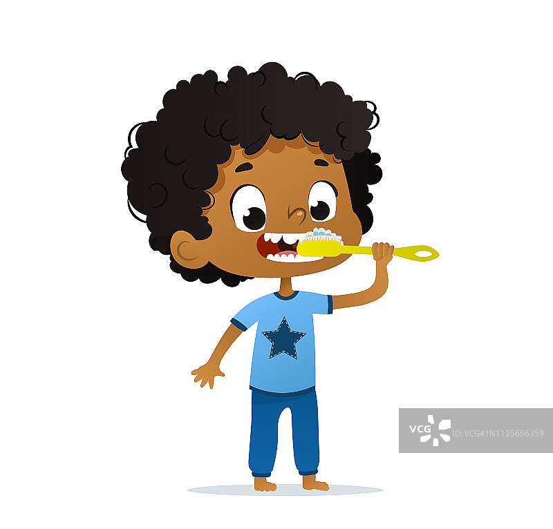 可爱的幼儿园非裔美国男孩刷牙的矢量插图。早上卫生。孤立的图片素材