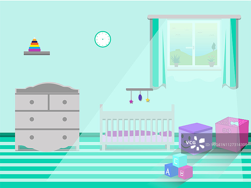儿童卧室内部有小床，窗户，玩具盒，时钟。矢量插图。图片素材